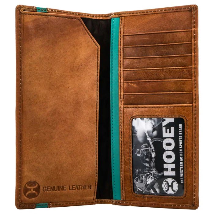 Discover "Tonkawa" Rodeo Hooey Wallet Tan w/Turquoise Aztec Quality Hooey Wallet located at The Revival.