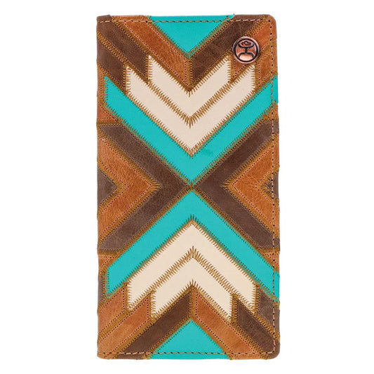 Discover "Montezuma" Rodeo Hooey Wallet Brown/Turquoise w/ Patchwork Quality Hooey Wallet located at The Revival.