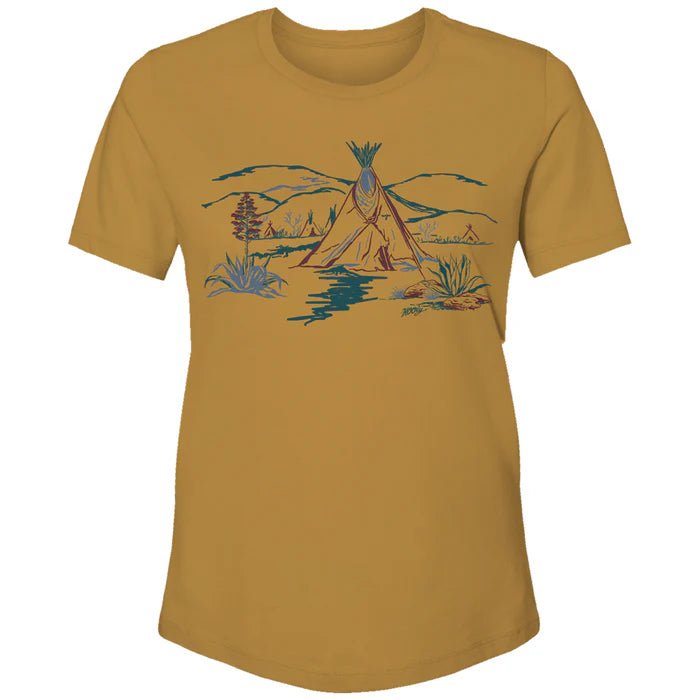 Discover Hooey "Comanche" Mustard w/Cranberry/Blue Logo T-shirt SKU: HT1670MU - S Quality Hooey Shirt located at The Revival.