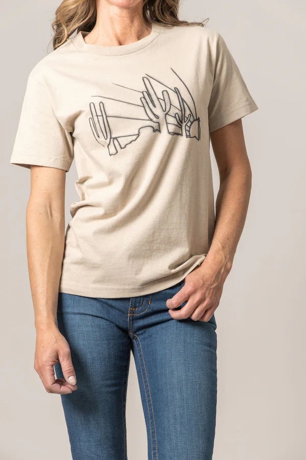 Discover Kimes Ranch Ladies Hand Drawn Shirt - Sand Quality Kimes Ranch Shirt located at The Revival.