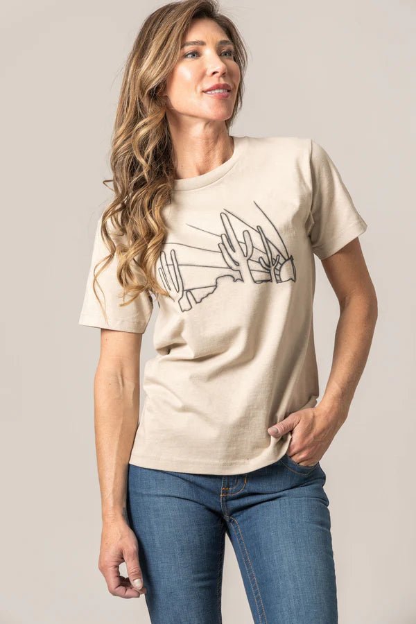 Discover Kimes Ranch Ladies Hand Drawn Shirt - Sand Quality Kimes Ranch Shirt located at The Revival.