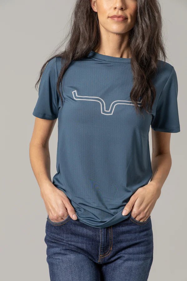 Discover Kimes Ranch Ladies Outlier Tech Tee Shirt - Major Blue Quality Kimes Ranch Shirt located at The Revival.