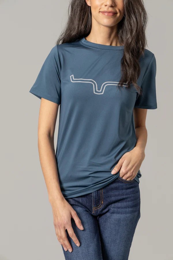 Discover Kimes Ranch Ladies Outlier Tech Tee Shirt - Major Blue Quality Kimes Ranch Shirt located at The Revival.