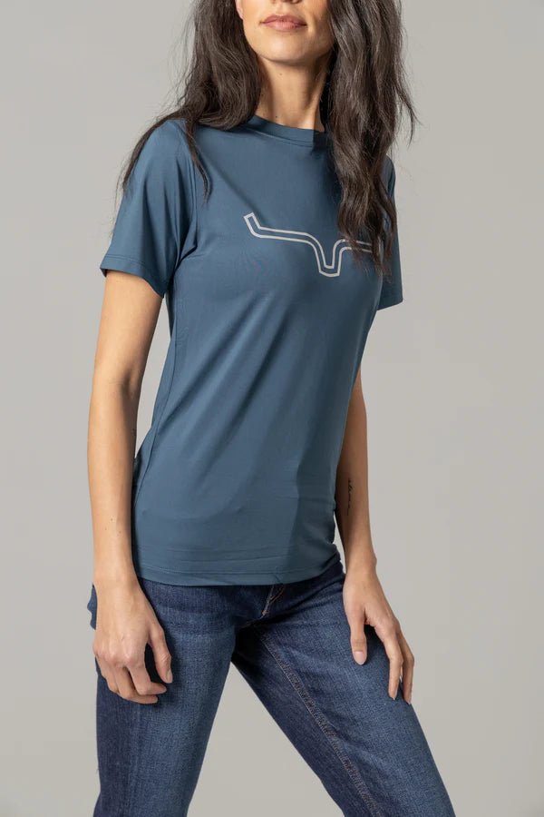 Discover Kimes Ranch Ladies Outlier Tech Tee Shirt - Major Blue Quality Kimes Ranch Shirt located at The Revival.