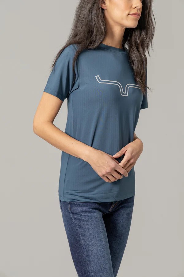 Discover Kimes Ranch Ladies Outlier Tech Tee Shirt - Major Blue Quality Kimes Ranch Shirt located at The Revival.