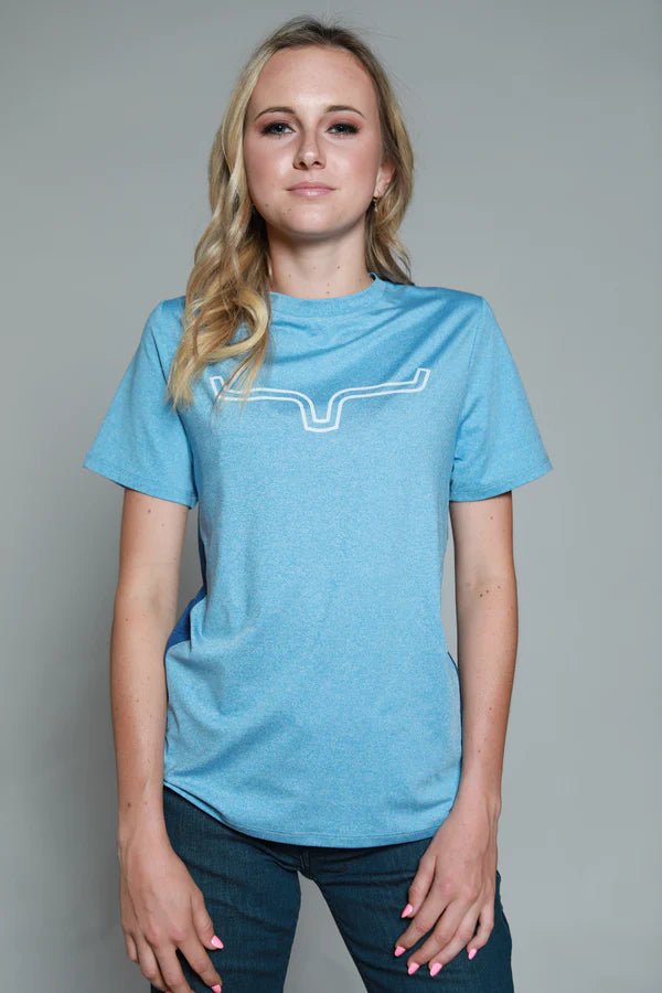 Discover Kimes Ranch Ladies Outlier Tech Tee Shirt - Light Blue Quality Kimes Ranch Shirt located at The Revival.