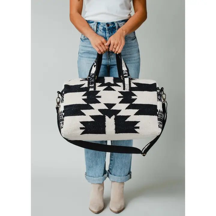 Discover Panache Apparel Co. Cream & Black Aztec Duffel Quality Panache Apparel Co. Duffel Bag located at The Revival.