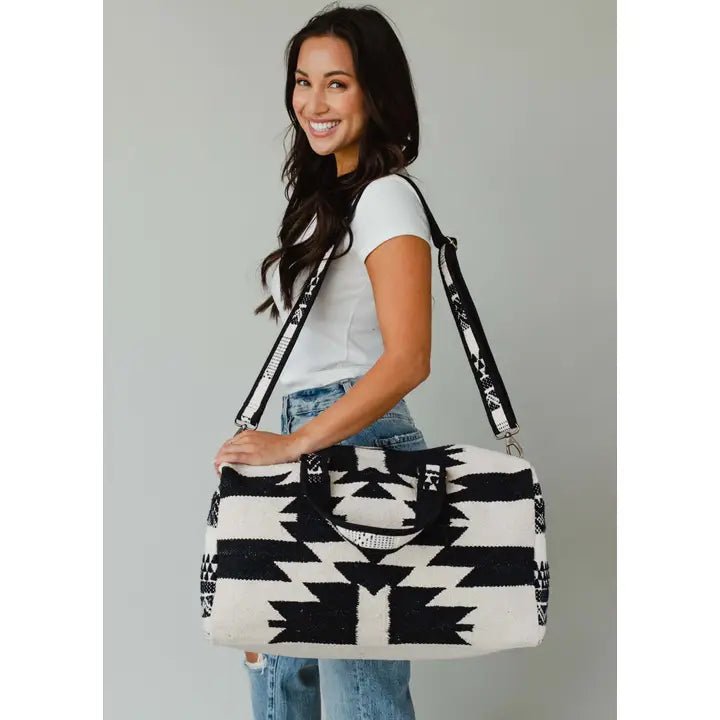 Discover Panache Apparel Co. Cream & Black Aztec Duffel Quality Panache Apparel Co. Duffel Bag located at The Revival.