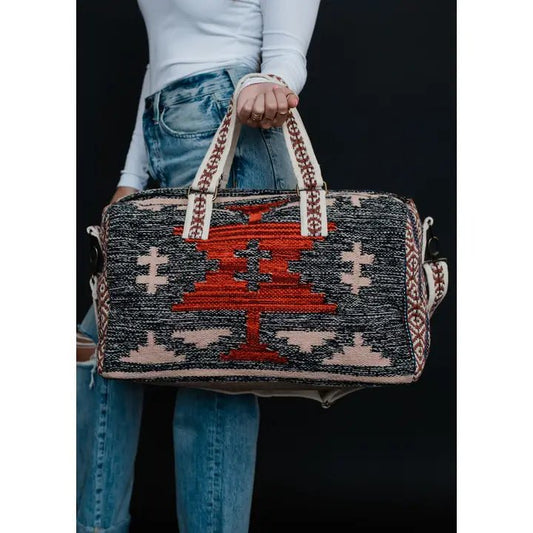 Discover Panache Apparel Co. Faded Black, Tan & Red Aztec Duffel Quality Panache Apparel Co. Duffel Bag at The Revival.