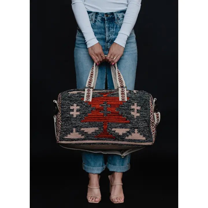 Discover Panache Apparel Co. Faded Black, Tan & Red Aztec Duffel Quality Panache Apparel Co. Duffel Bag at The Revival.