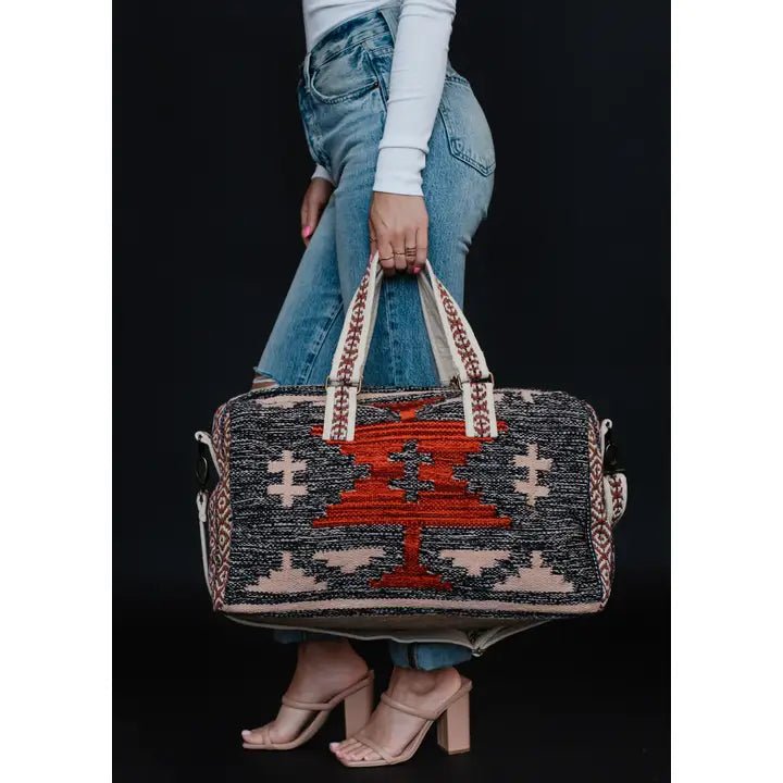 Discover Panache Apparel Co. Faded Black, Tan & Red Aztec Duffel Quality Panache Apparel Co. Duffel Bag at The Revival.