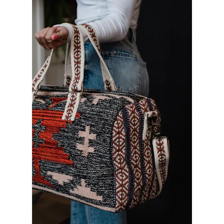 Discover Panache Apparel Co. Faded Black, Tan & Red Aztec Duffel Quality Panache Apparel Co. Duffel Bag at The Revival.