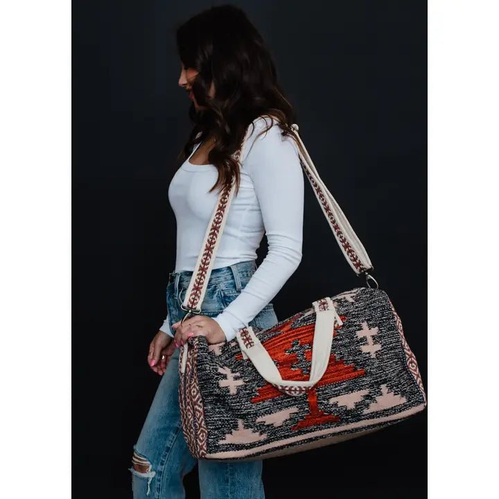 Discover Panache Apparel Co. Faded Black, Tan & Red Aztec Duffel Quality Panache Apparel Co. Duffel Bag at The Revival.