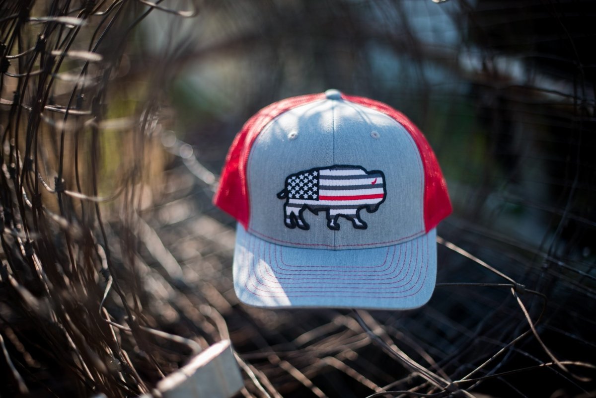 Discover Red Dirt Hat Co. Thin Red Line - Heather Grey, Red Quality Red Dirt Hat Co. Hats located at The Revival.