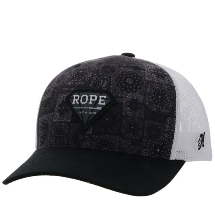 Discover Hooey Rope Like A Girl Black/White Patch & Purple Tinted Bandana Printed Hat 2349T-BKWH Hooey Hats at The Revival.